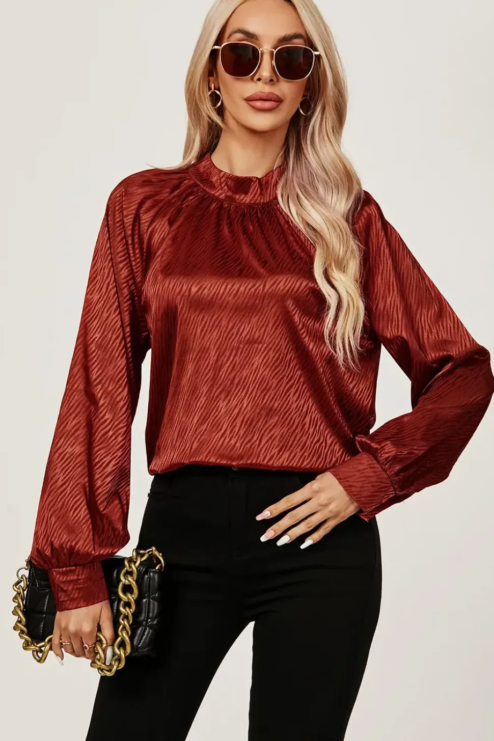 High Neck Back Cut Detail Satin Blouse Top
