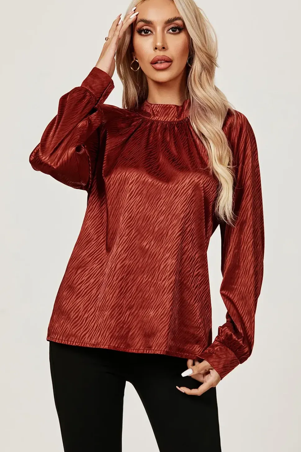 High Neck Back Cut Detail Satin Blouse Top