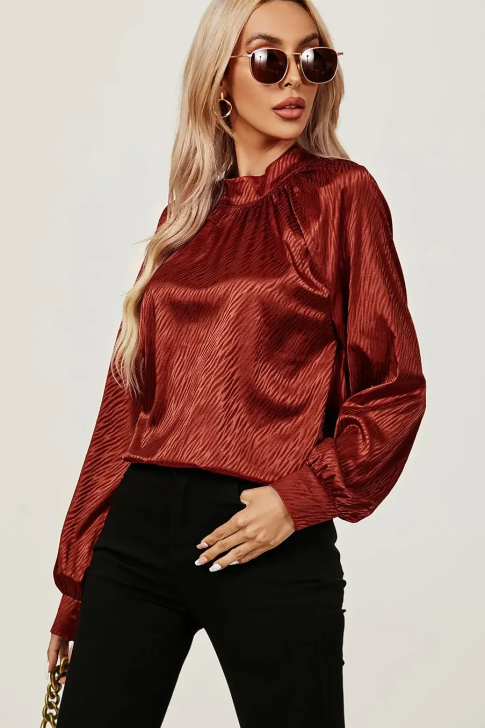 High Neck Back Cut Detail Satin Blouse Top