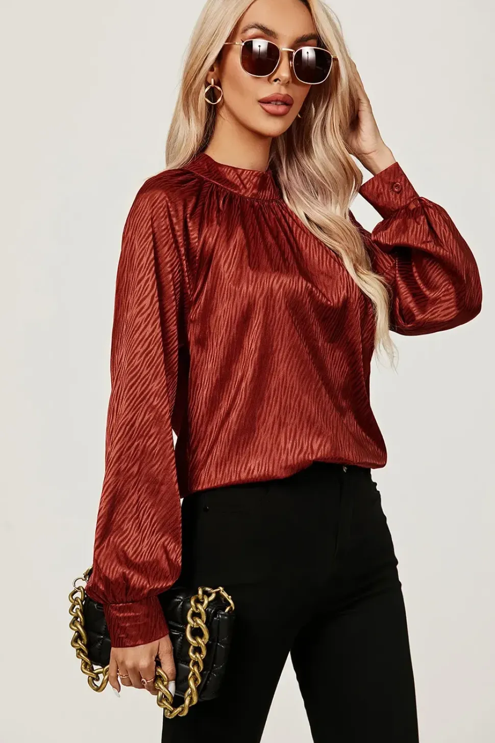 High Neck Back Cut Detail Satin Blouse Top