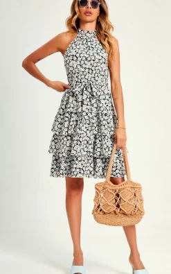 High Neck Back Detail Cold Shoulder Ruffle Mini Dress In Black Flora Print