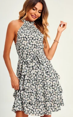 High Neck Back Detail Cold Shoulder Ruffle Mini Dress In Black Flora Print
