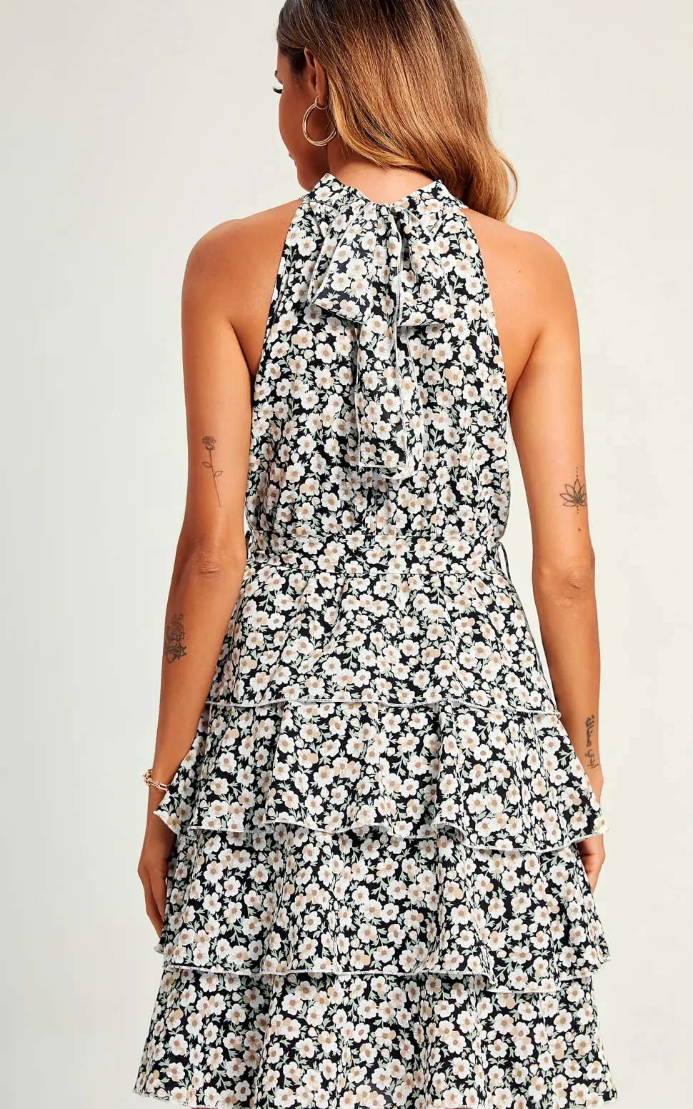 High Neck Back Detail Cold Shoulder Ruffle Mini Dress In Black Flora Print
