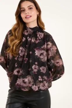 High Neck Bubble Hem Floral Blouse
