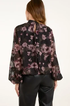 High Neck Bubble Hem Floral Blouse