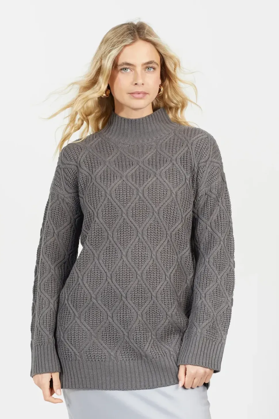 High Neck Cable Knit Tunic Jumper