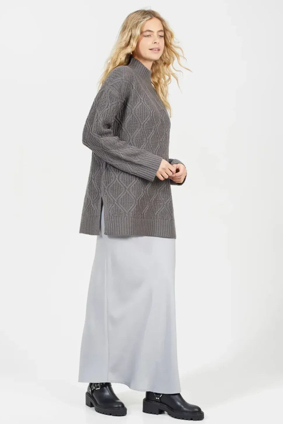 High Neck Cable Knit Tunic Jumper