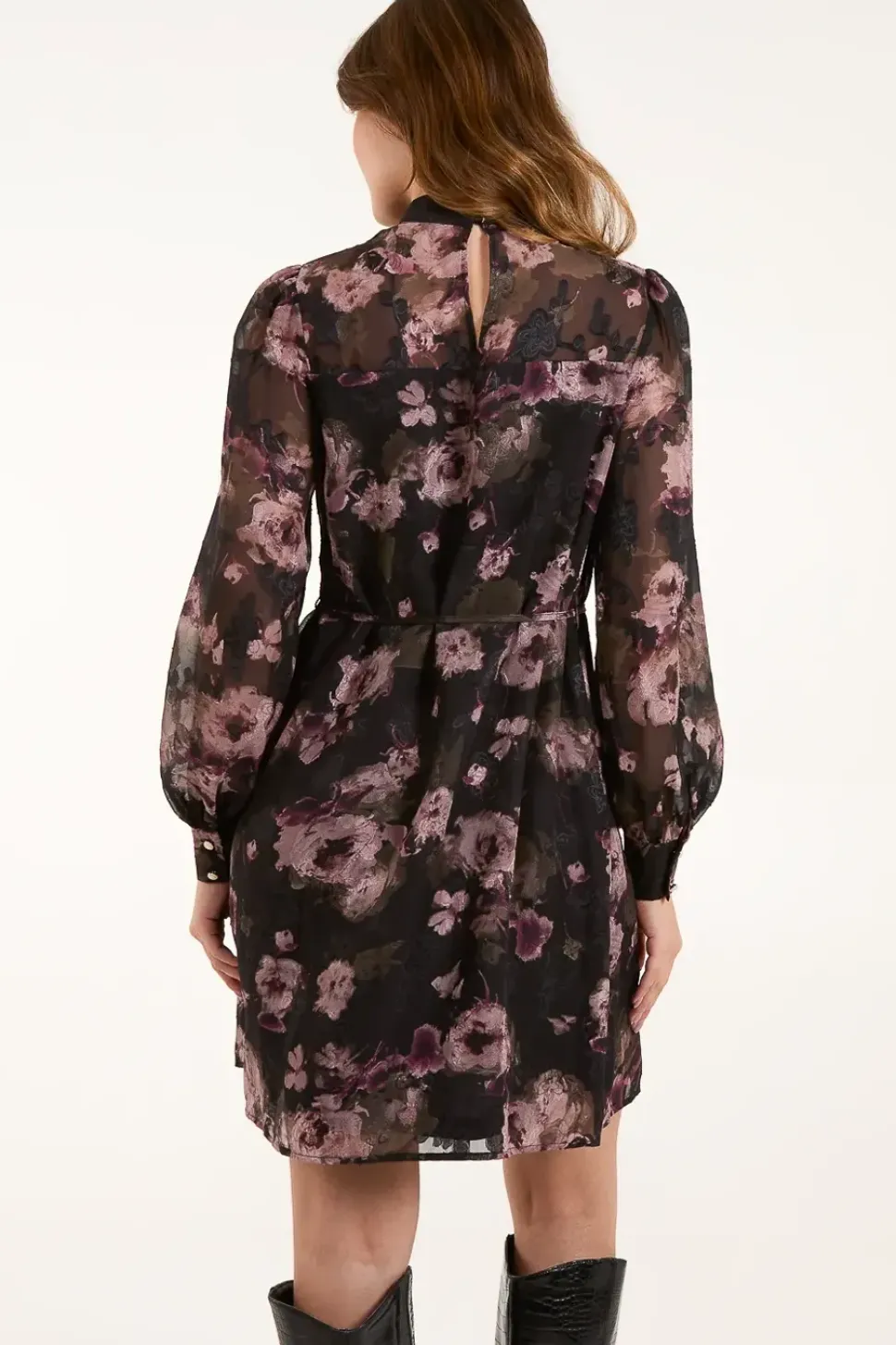 High Neck Floral Dress With Tie