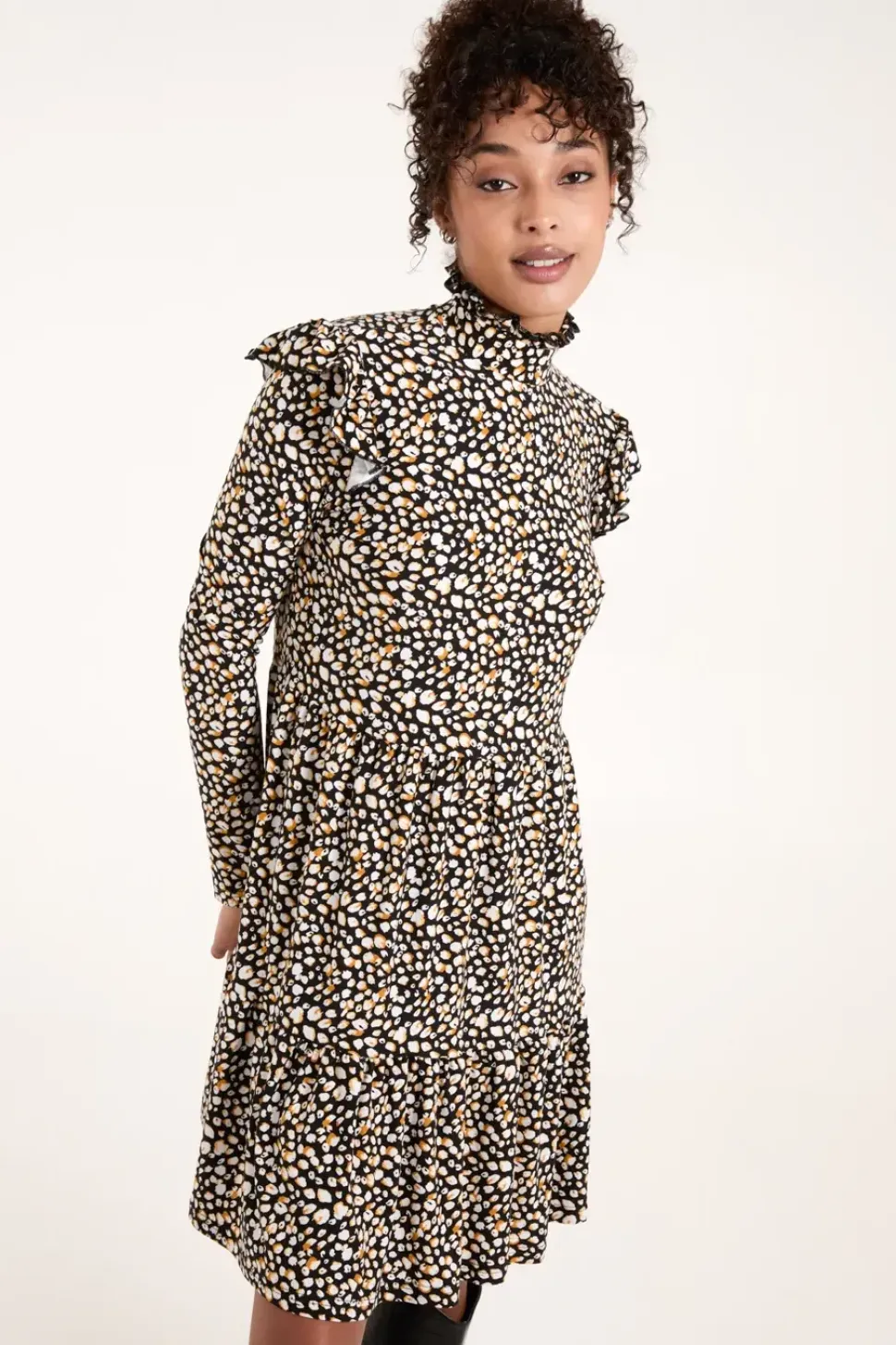 High Neck Frill Shoulder Smock Dress