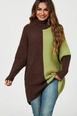 High Neck Half Brown & Green Block Color Jumper Top