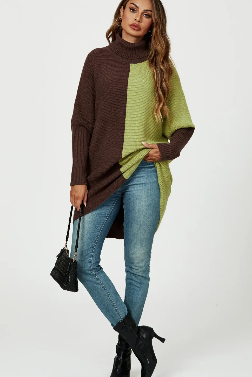 High Neck Half Brown & Green Block Color Jumper Top