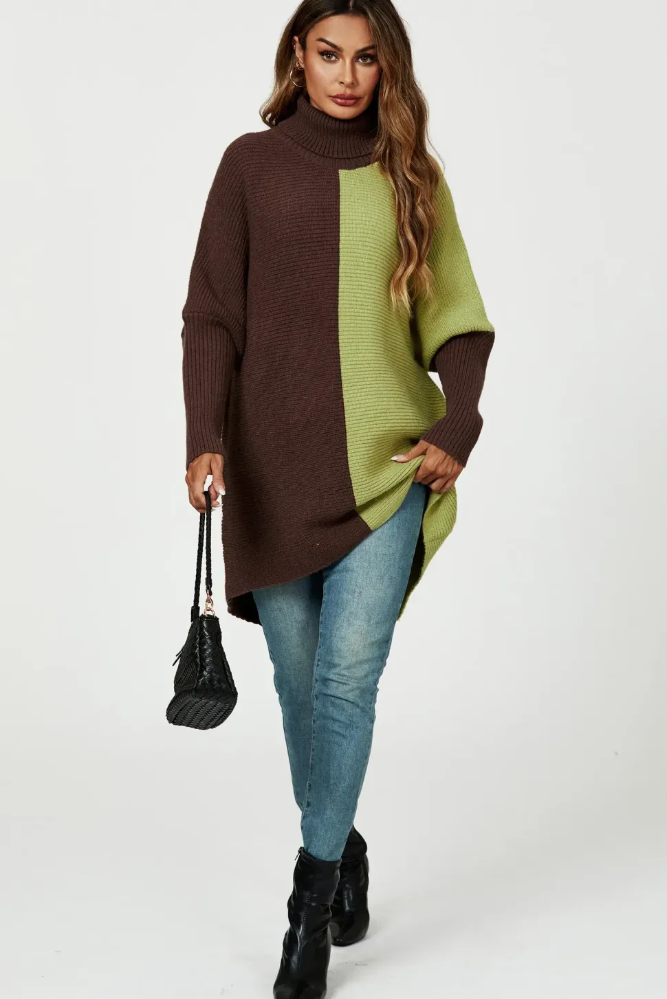 High Neck Half Brown & Green Block Color Jumper Top