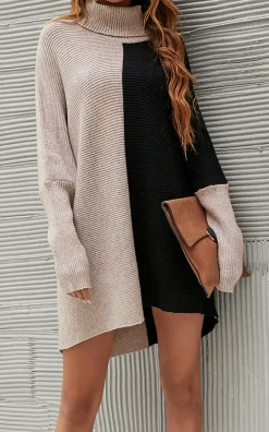 High Neck Half Forest Beige & Black Block Colour Jumper Top