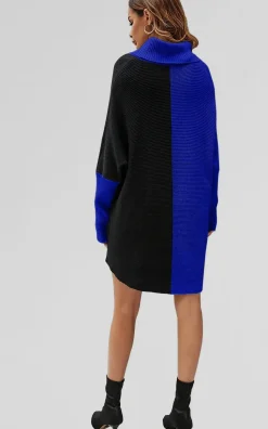 High Neck Half Forest Blue & Black Block Colour Jumper Top