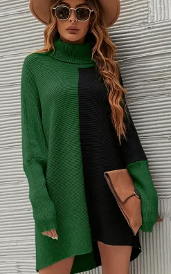 High Neck Half Forest Green & Black Block Colour Jumper Top