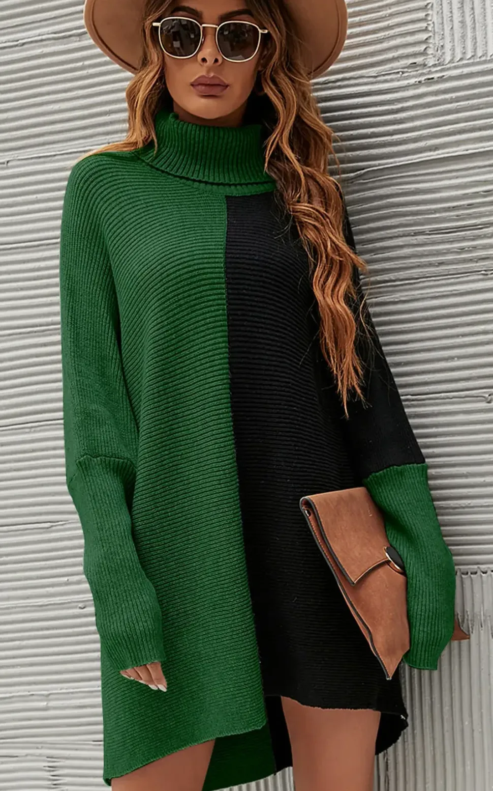 High Neck Half Forest Green & Black Block Colour Jumper Top