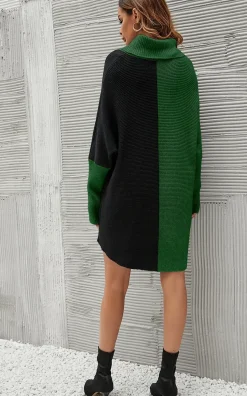 High Neck Half Forest Green & Black Block Colour Jumper Top