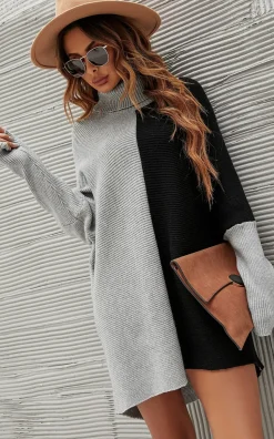 High Neck Half Grey & Black Block Colour Jumper Top