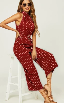 High Neck Jumpsuit In Red Polka Dot