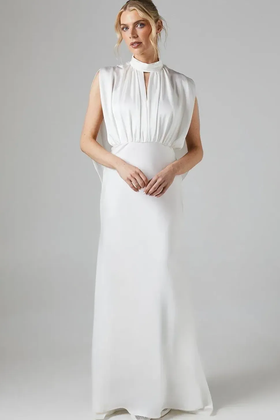 High Neck Keyhole Cape Back Satin Wedding Dress
