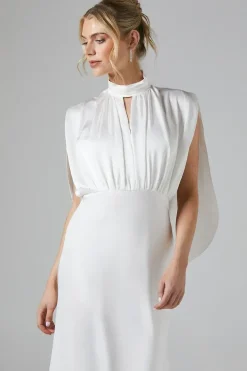 High Neck Keyhole Cape Back Satin Wedding Dress