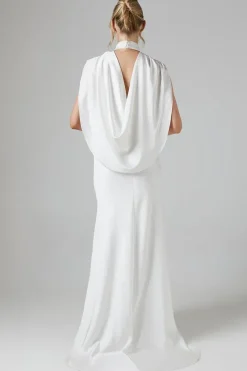 High Neck Keyhole Cape Back Satin Wedding Dress