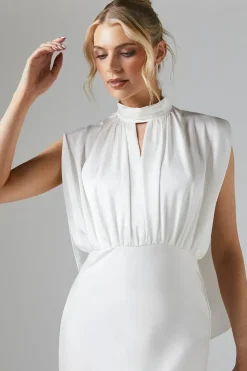 High Neck Keyhole Cape Back Satin Wedding Dress