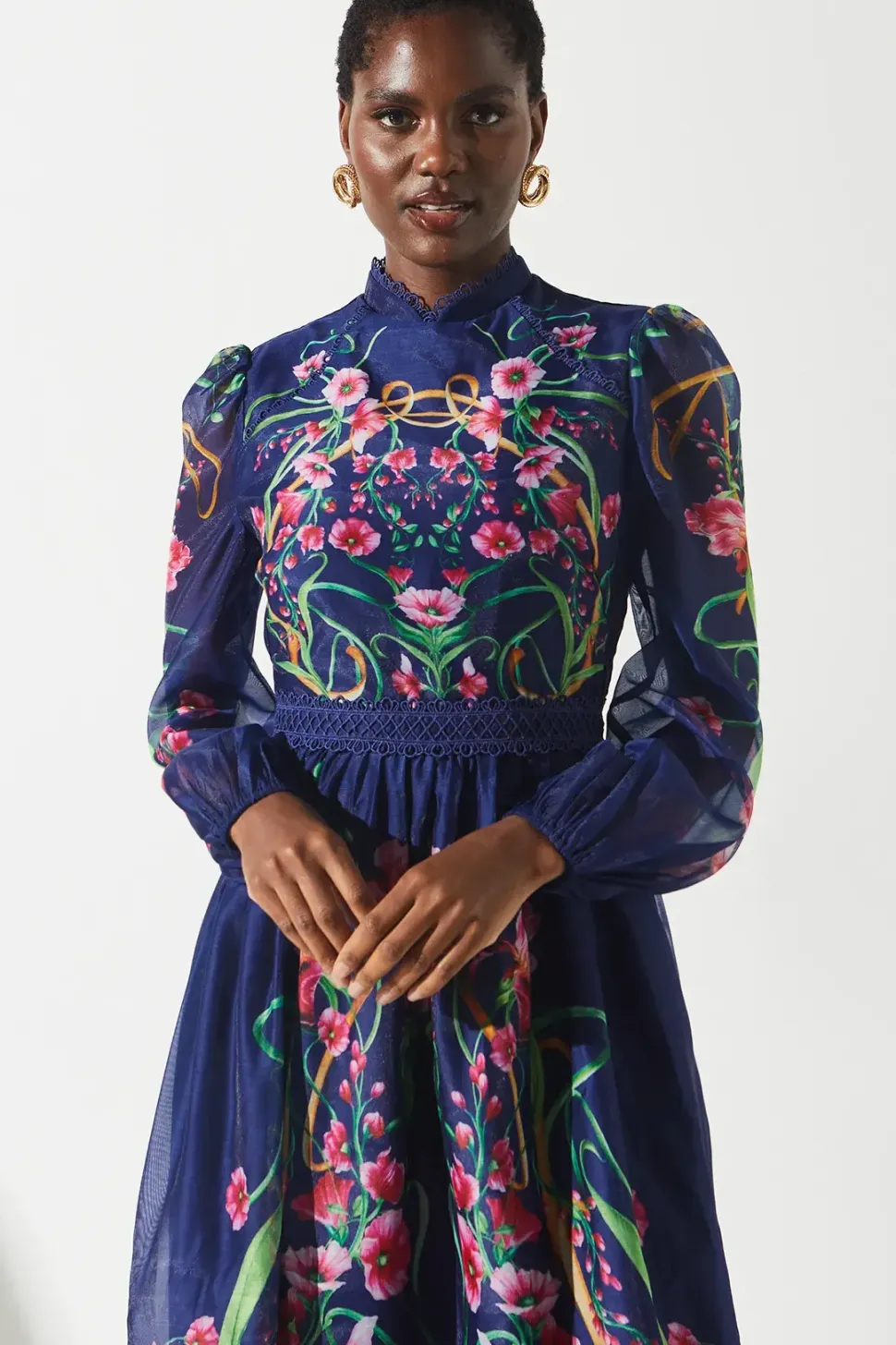 High Neck Lace Trim Organza Midi Dress