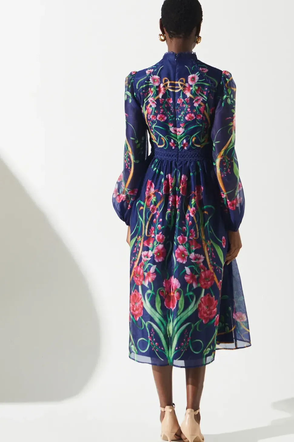 High Neck Lace Trim Organza Midi Dress