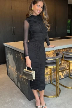 High Neck Long Sleeve Ruched Bodycon Mesh Midi Dress