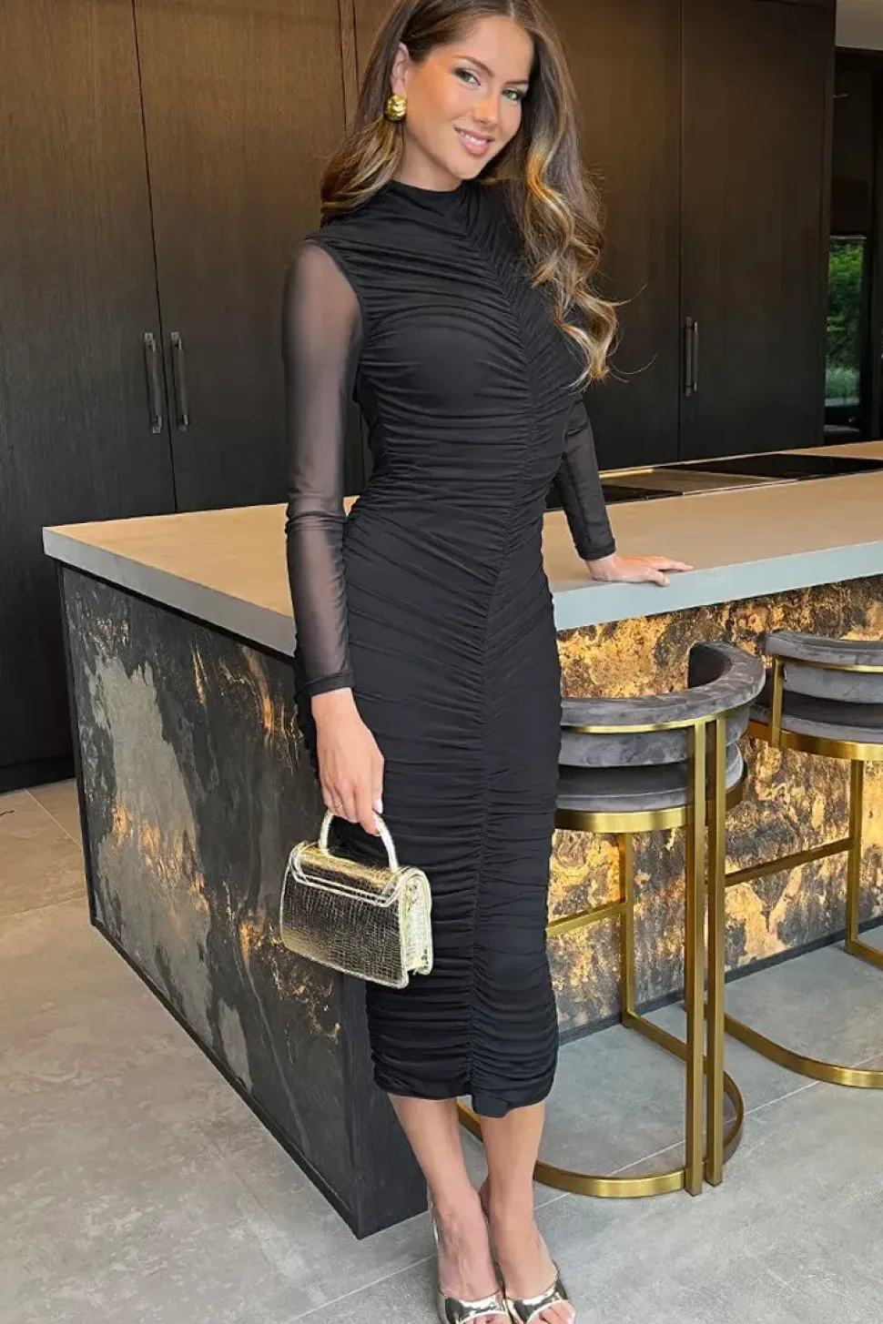 High Neck Long Sleeve Ruched Bodycon Mesh Midi Dress