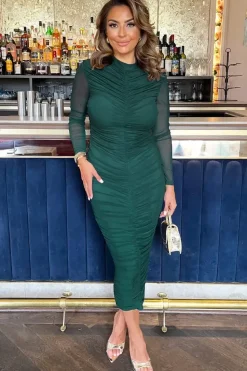 High Neck Long Sleeve Ruched Bodycon Mesh Midi Dress