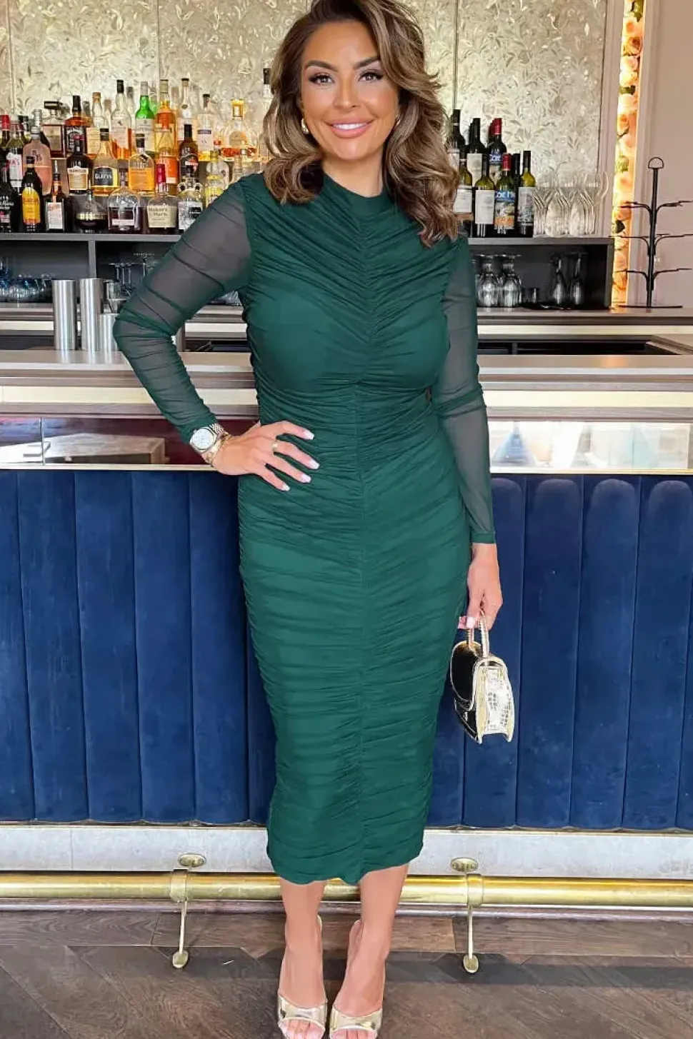 High Neck Long Sleeve Ruched Bodycon Mesh Midi Dress