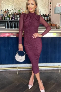 High Neck Long Sleeve Ruched Bodycon Mesh Midi Dress