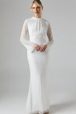 High Neck Long Sleeve Sequin Embellished Cowl Back Wedding Dress