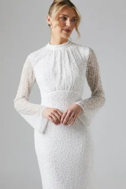 High Neck Long Sleeve Sequin Embellished Cowl Back Wedding Dress