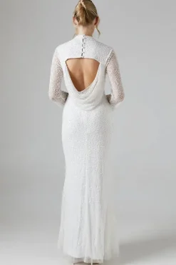 High Neck Long Sleeve Sequin Embellished Cowl Back Wedding Dress