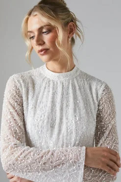 High Neck Long Sleeve Sequin Embellished Cowl Back Wedding Dress