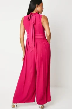 High Neck Pleated Belted Jumpsuit