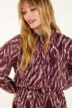 High Neck Pleated Digital Wave Abstract Dress