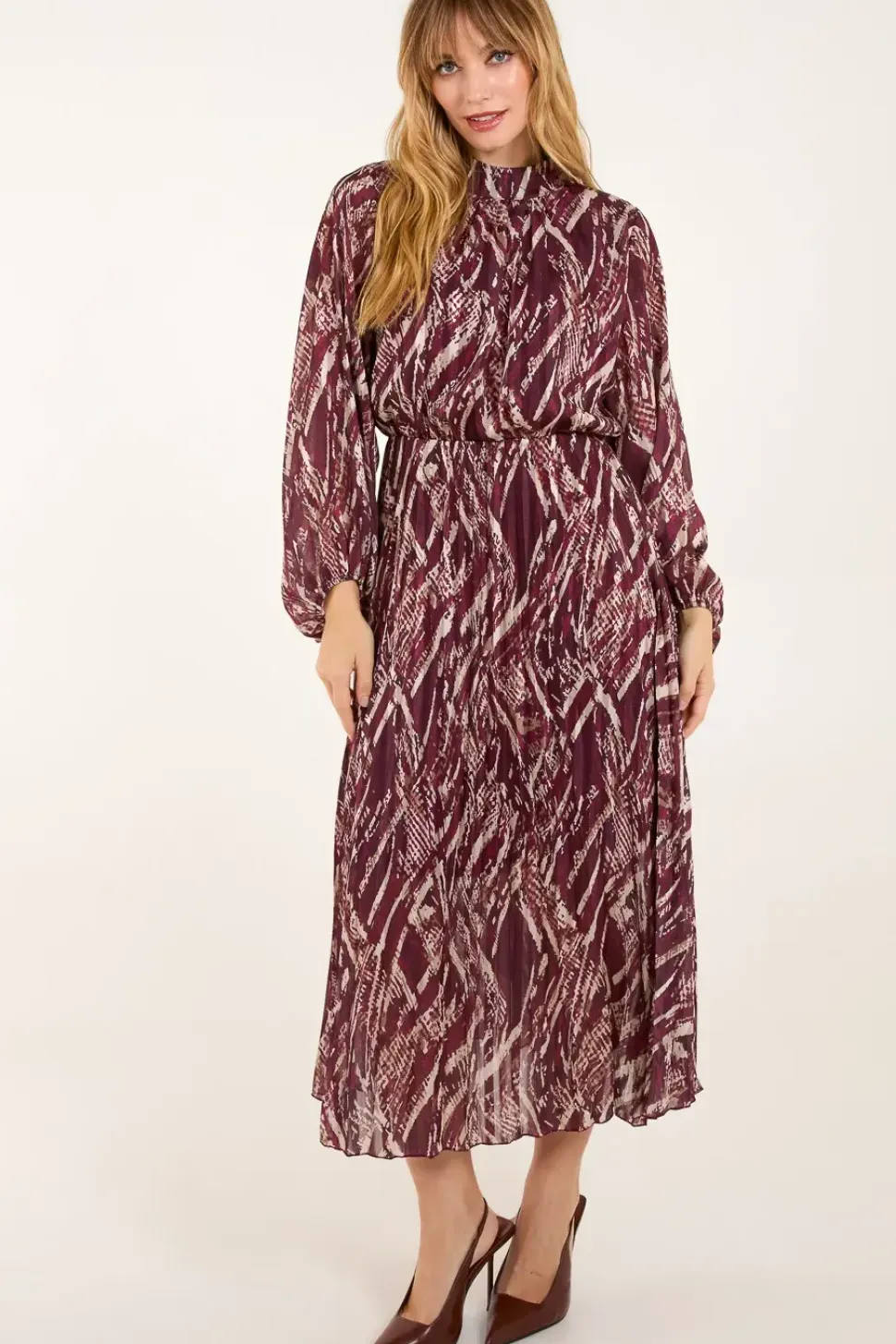 High Neck Pleated Digital Wave Abstract Dress
