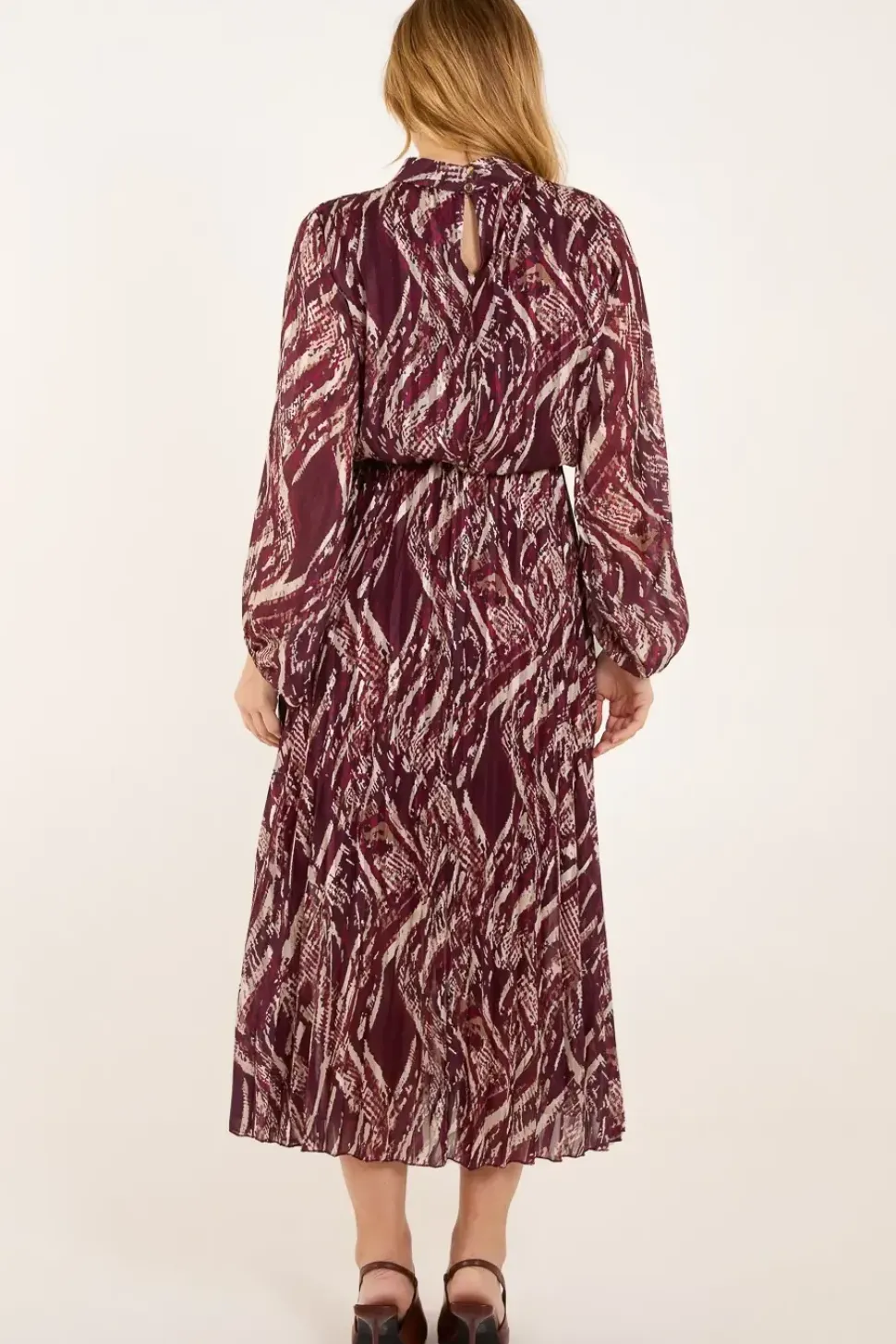 High Neck Pleated Digital Wave Abstract Dress