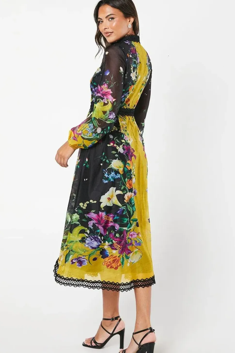 High Neck Printed Organza Lace Trim Midi Wedding Guest Dress