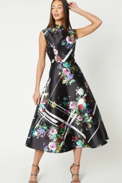 High Neck Printed Twill Midi Dress