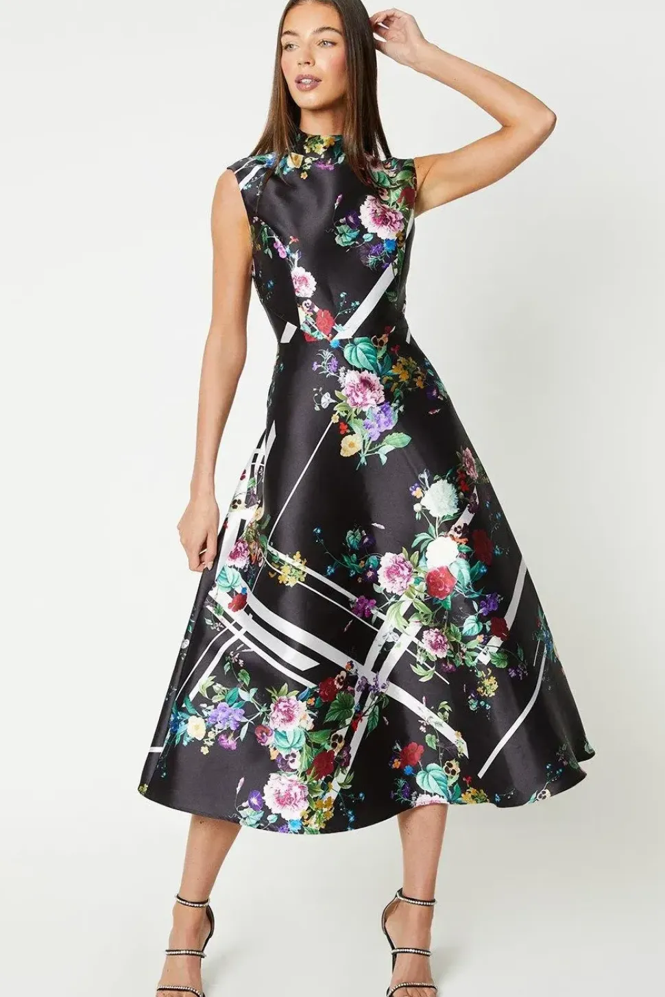 High Neck Printed Twill Midi Dress