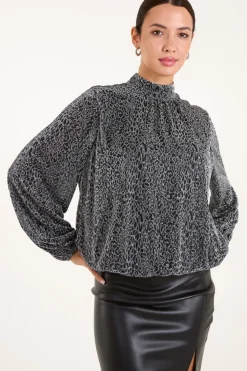 High Neck Puffball Hem Blouse
