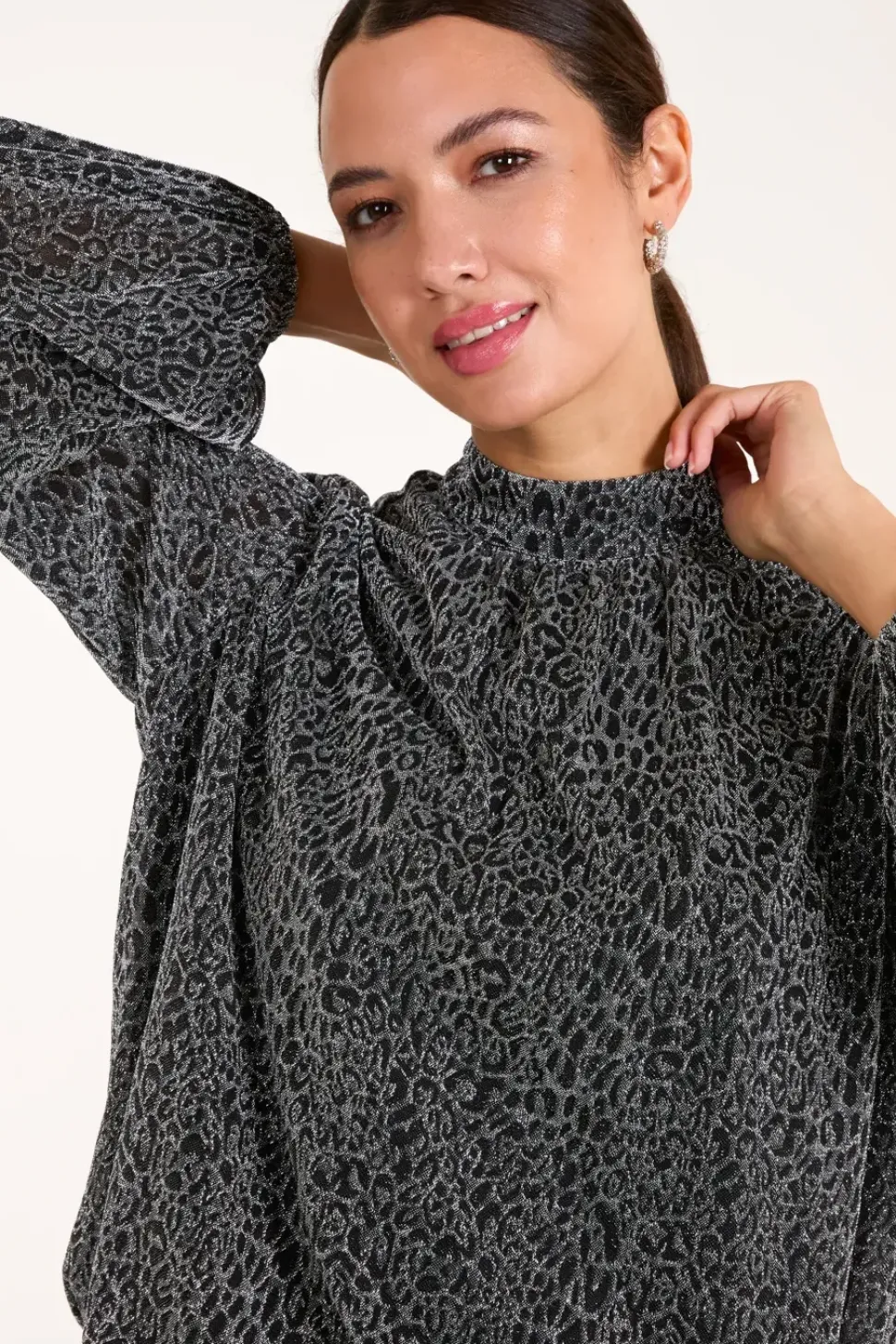 High Neck Puffball Hem Blouse