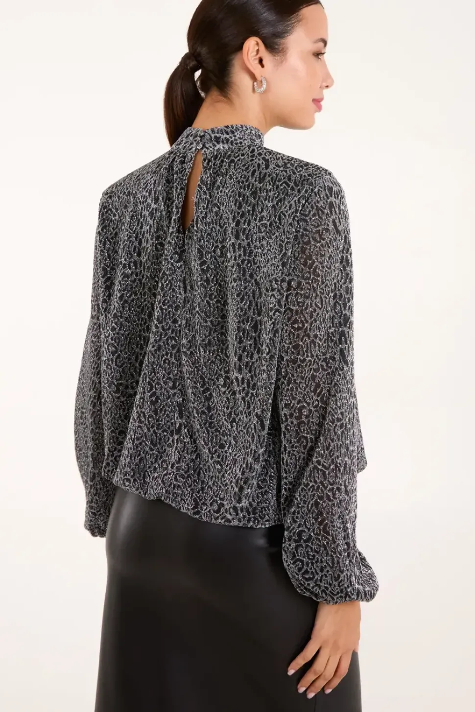 High Neck Puffball Hem Blouse