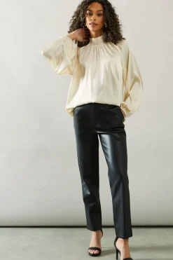 High Neck Satin Blouson Sleeve Blouse