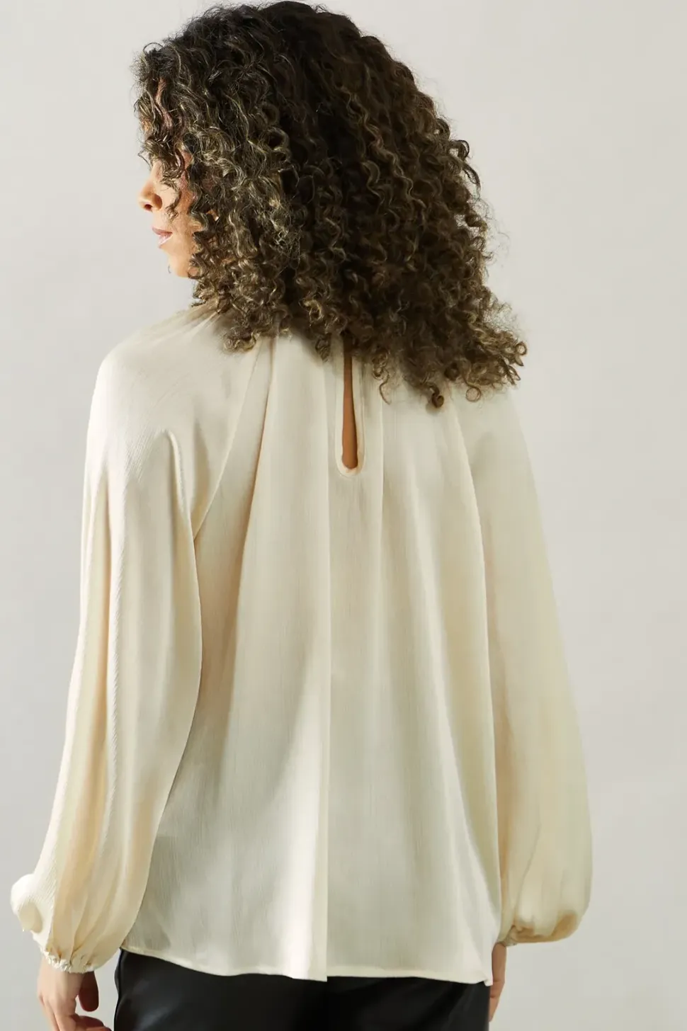 High Neck Satin Blouson Sleeve Blouse